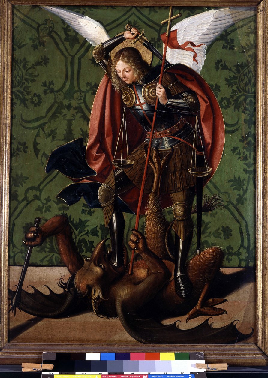 Baksiden av en altertavle: Saint Michel beseirer demonen. Maleri av Josse Lieferinxe, aktiv mellom 1493-1508 av Josse (fl.1493 1508) Lieferinxe