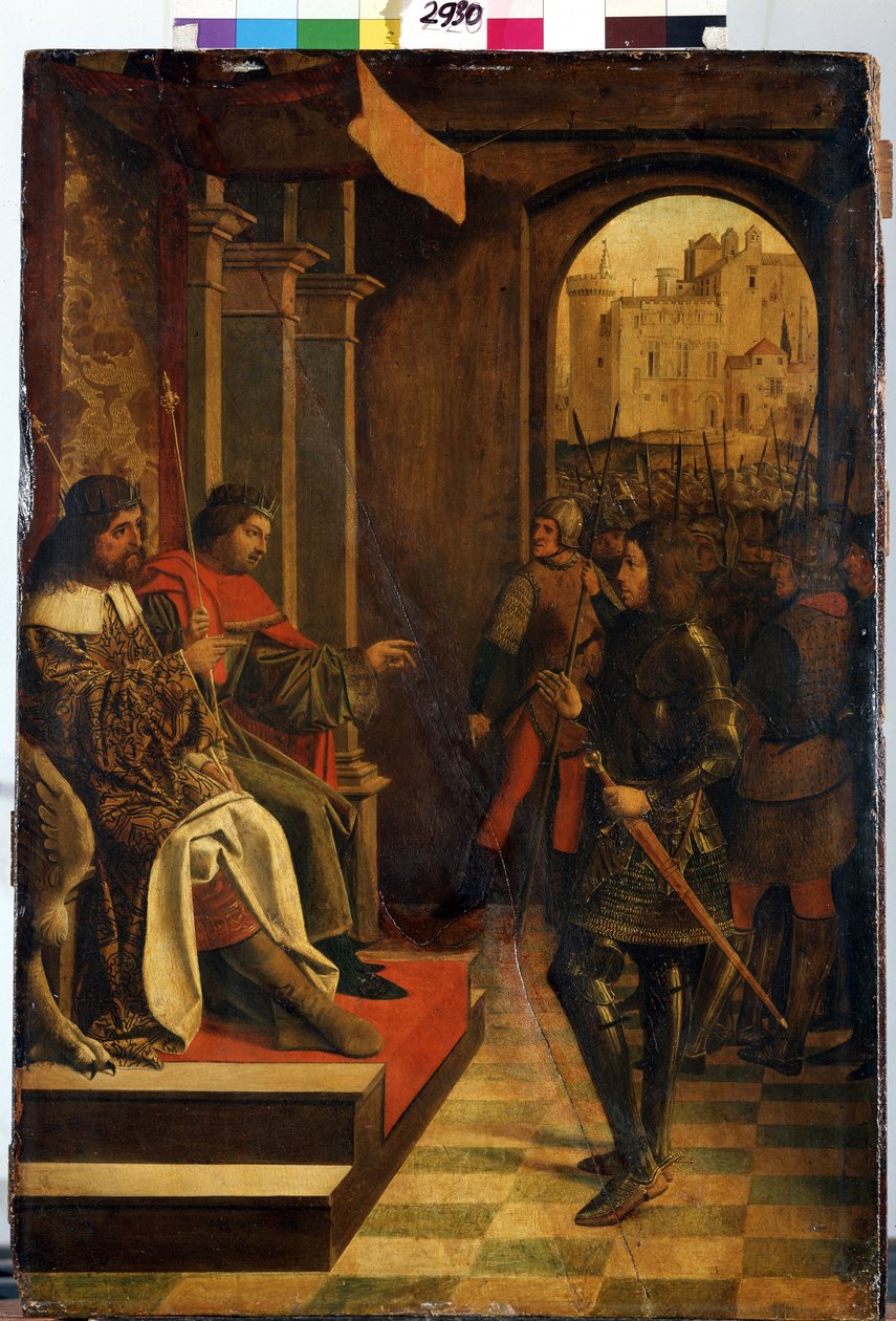 ""Sankt Sebastien før keiseren Diokletian og Maximian"" (Sankt Sebastien før keiserne Diokletian og Maximian). De romerske keiserne Diocletian (Gaius Aurelius Valerius Diocletianus, 245-316) og Maximian Hercules (Marcus Aurelius Valerius Maxim av Josse (fl.1493 1508) Lieferinxe