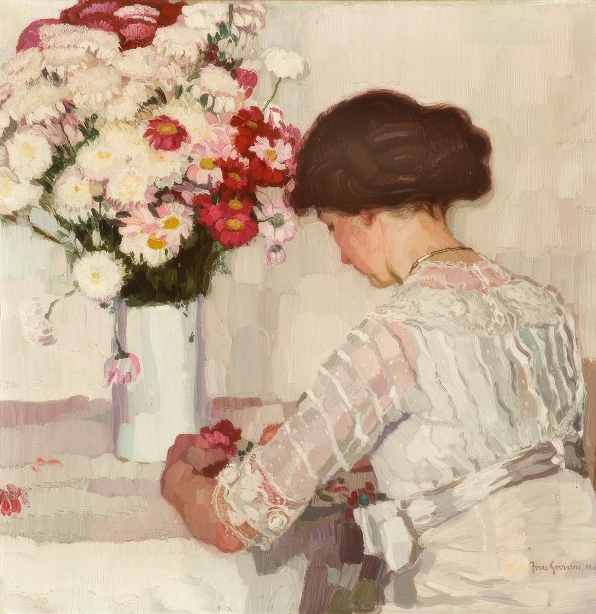 J.Goossens, i tanker (dame i hvitt med blomster) av Josse Goossens