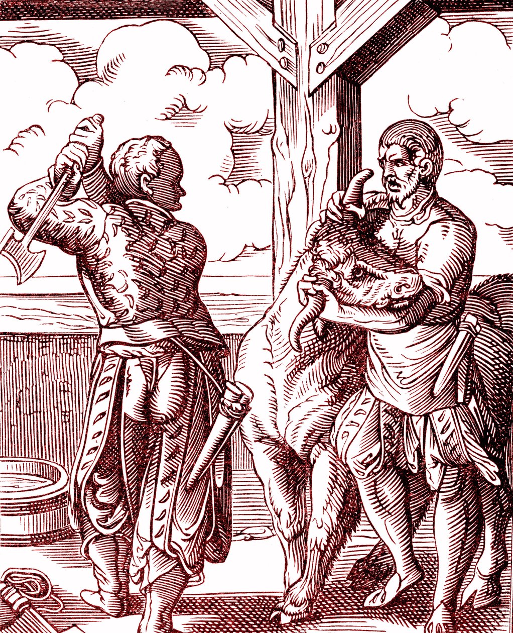 En slakter - Mat og matlaging i middelalderen. Gravering av Jost Amman (1539-1591). Gravering 1878 av Jost (after) Amman