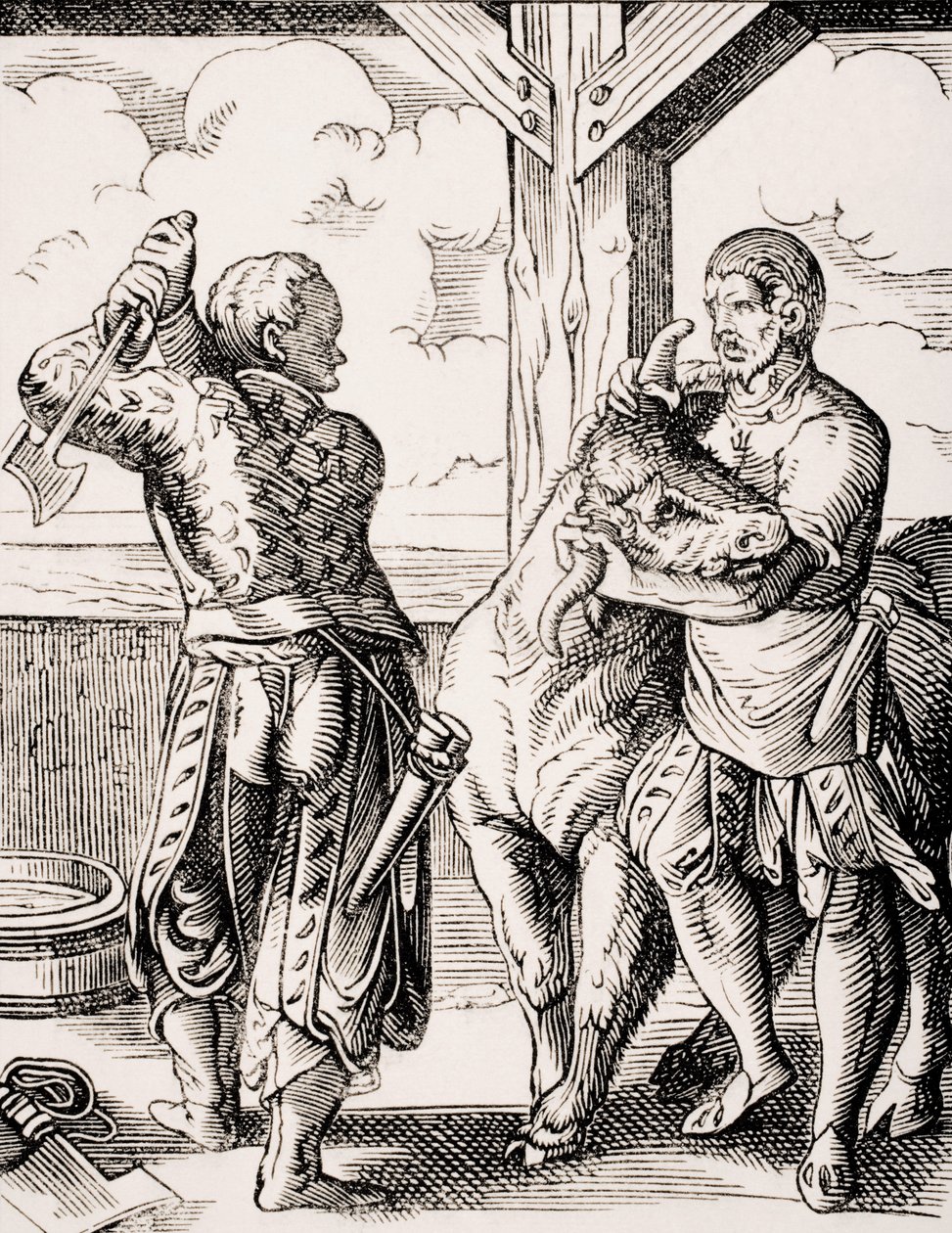 Slakteren og hans assistent, reproduksjon av en gravering fra 1500-tallet av Jost Amman (1539-91) fra 