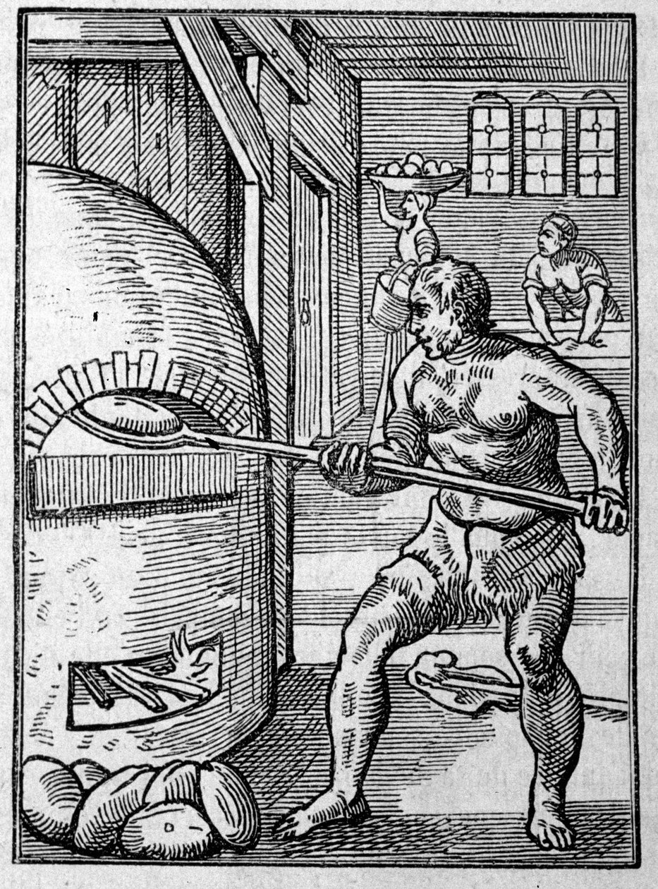 En baker som baker brød i en ovn. Gravering av Jost Amman (1539-1591) 1500-tallet. av Jost Amman