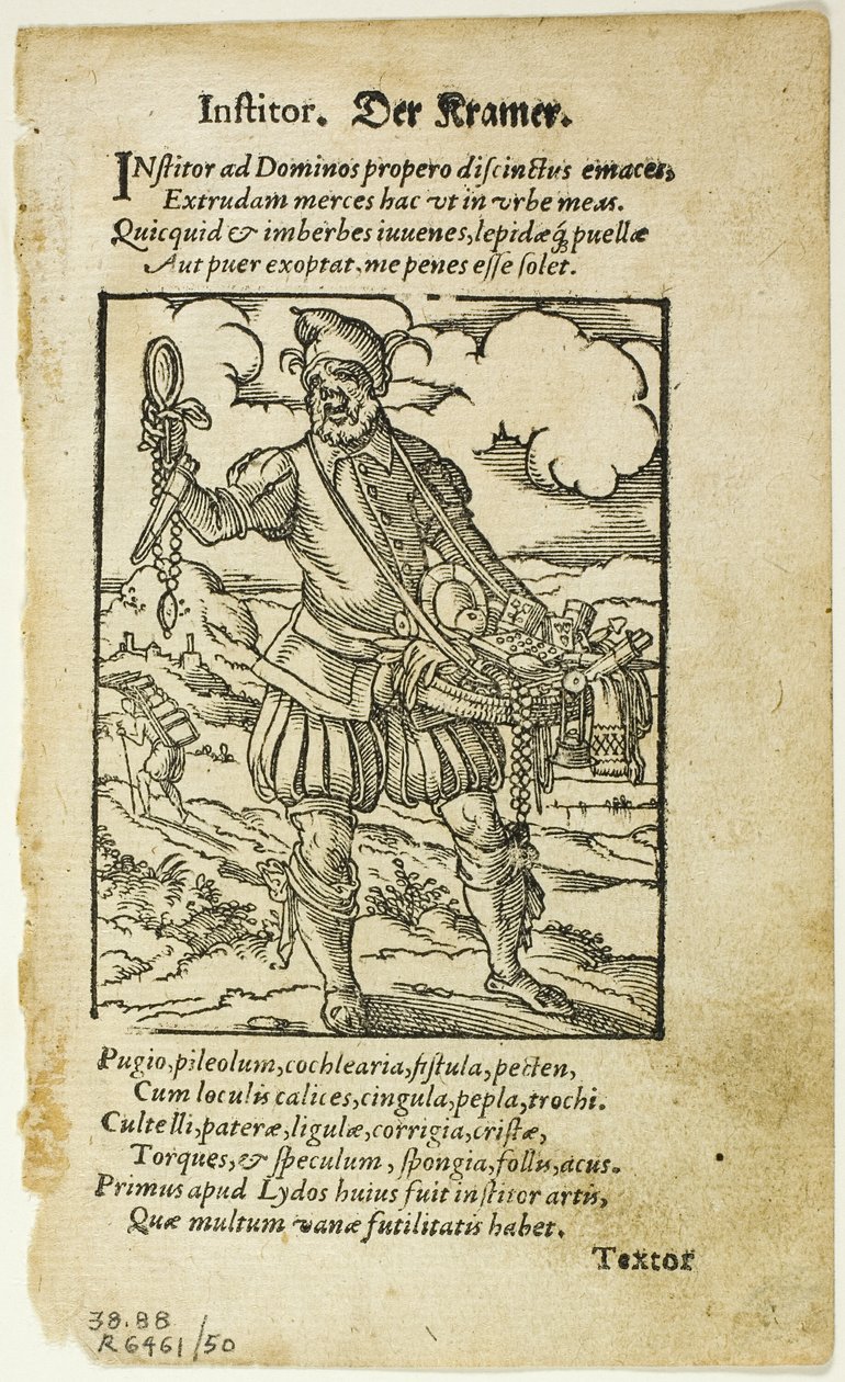 Der Kramer (The Peddler) fra De omnibus illiberalibus sive mechanicis artibus av Hartmann Schopper, plate 50 fra Woodcuts from Books of the XVI Century av Jost Amman
