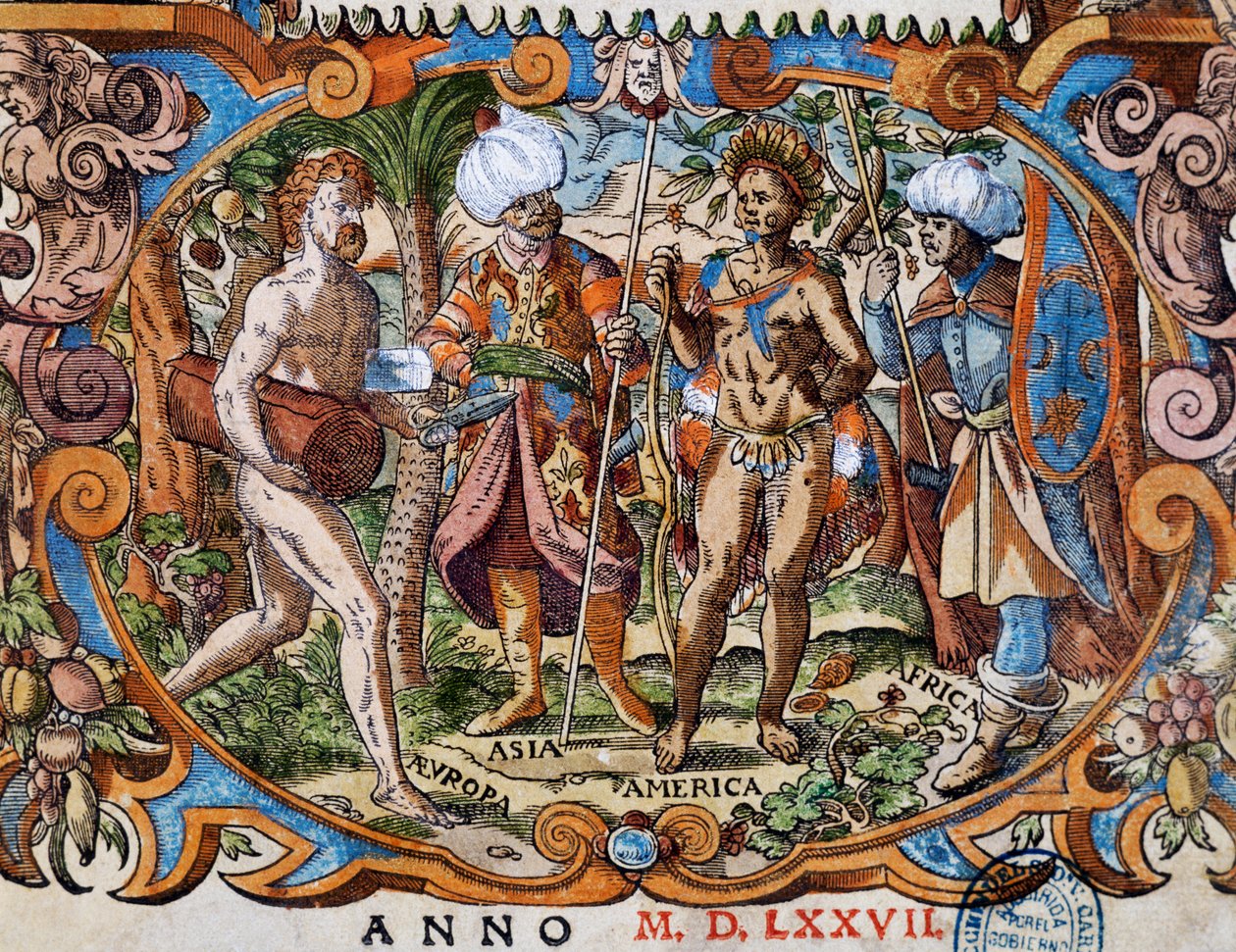 Fire kontinenter, detalj fra tittelsiden, gravering av Jost Amman (1539-1591) av Jost Amman