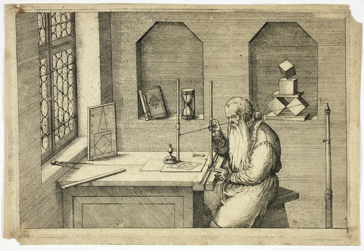 Portrett av Wenzel Jamnitzer i hans studie av Jost Amman