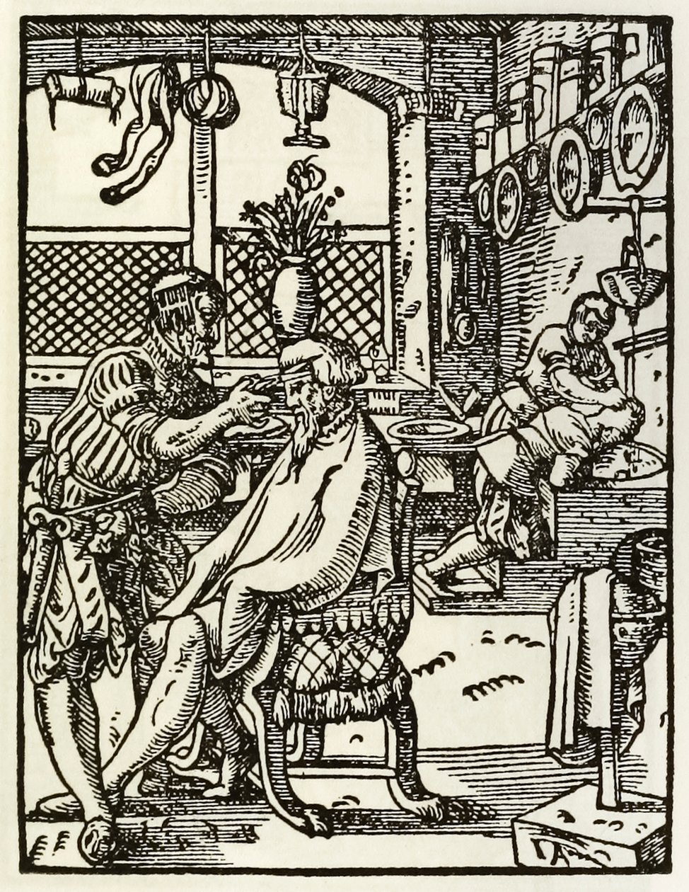 Barberne fra en serie som skildrer yrker og bransjer først publisert i Das Ständebuch 1568 i Frankfurt, Tyskland av Jost Amman