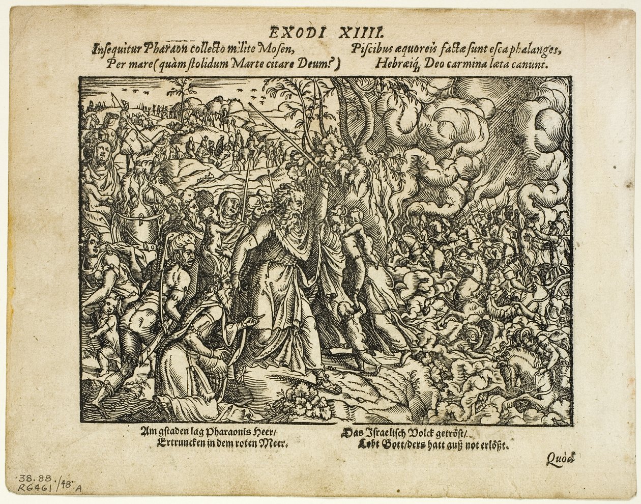 The Passage of the Red Sea (recto) og The Burial of Jacob (verso) fra Neuwe Biblische Figuren, plate 48 fra Tresnitt fra Books of the XVI Century av Jost Amman