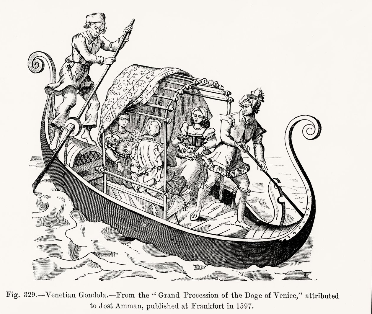 Venetian Gondola, fra Grand Procession of the Doge of Venezia, illustrasjon fra vitenskap og litteratur i middelalderen og renessansen, skrevet og gravert av Paul Lacroix, 1878 ( av Jost (after) Amman