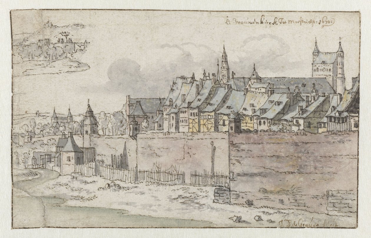 Utsikt over murene i Maastricht med Onze-Lieve-Vrouwekerk i bakgrunnen av Josua de Grave