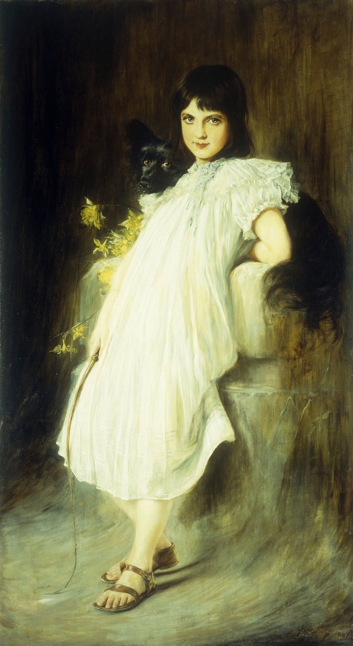 Portrett av en ung jente med hunden sin, 1908 av Joszi Arpad Koppay