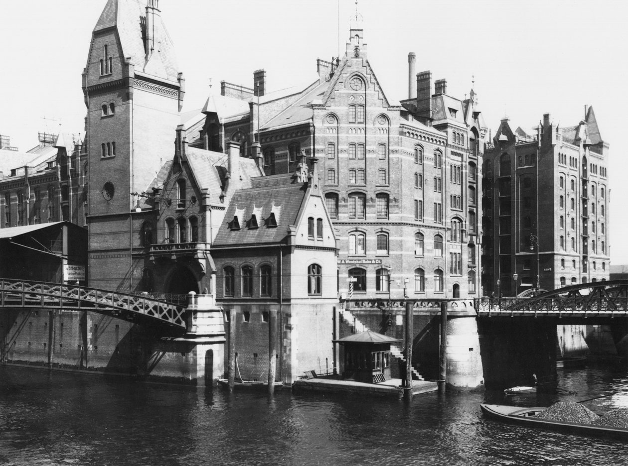 Utsikt over Speicherstadt (lagerbyen) Hamburg, ca. 1910 av Jousset