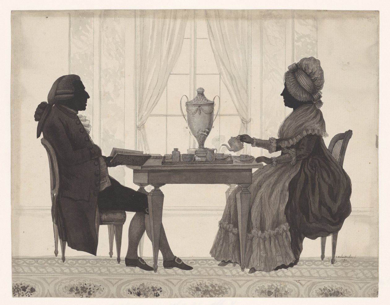 Silhuetter Louis Metayer (*1728) og Antoinette Bernard (*1735) ved bordet av Jozef Adolf Schmetterling