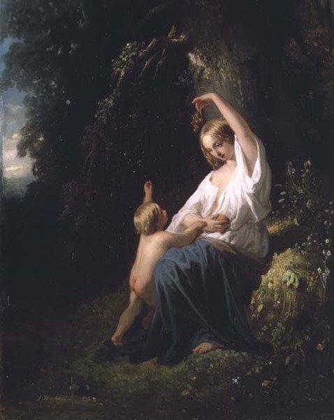Mor og barn, ca.1850 av Jozef  Israels
