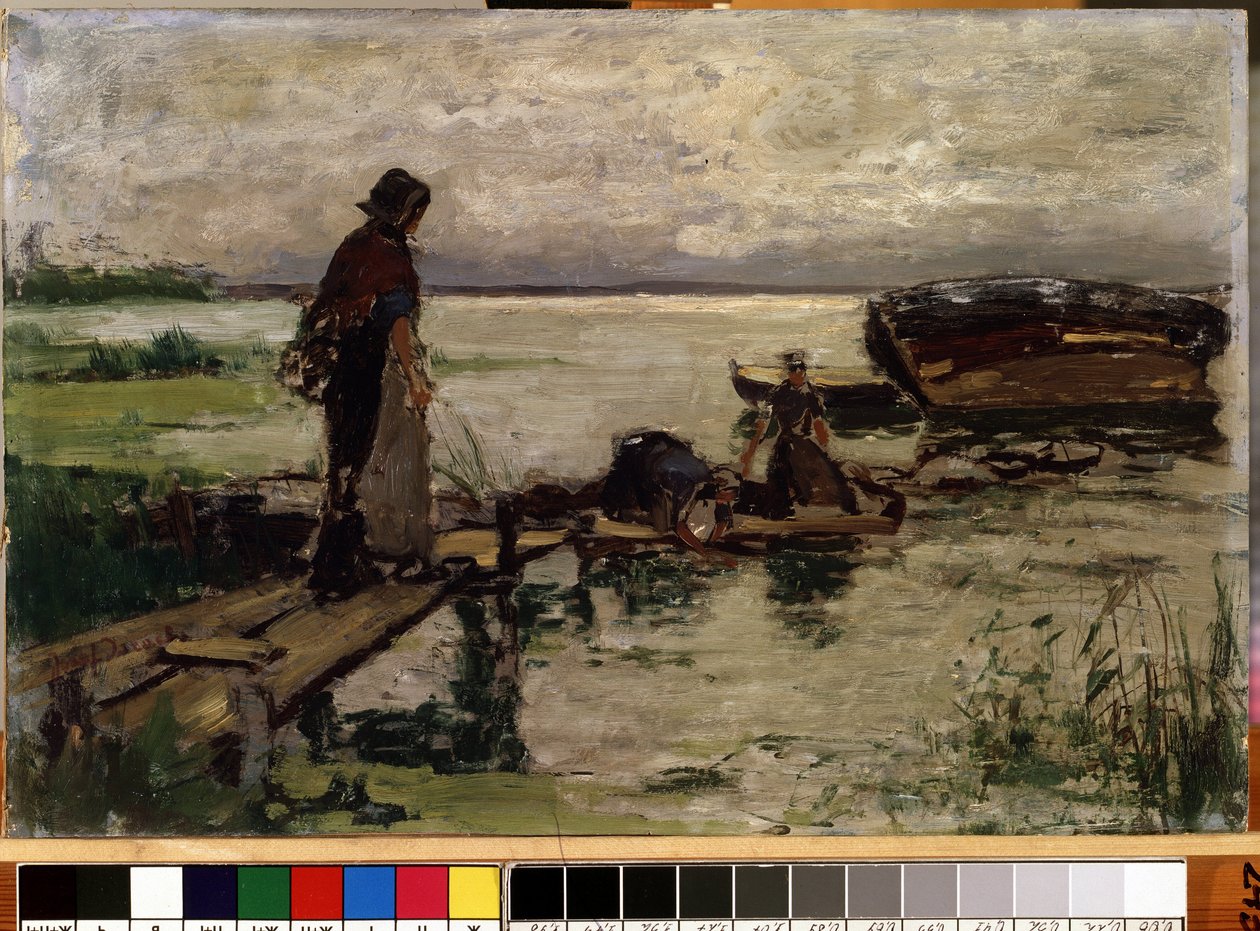 ""På kysten"" (Ved strandkanten) Hollandske bondekvinner i vannkanten. Maleri av Josef Israels (1824-1911) Mikalojus Konstantinas Ciurlionis kunstmuseum, Kaunas, Litauen av Jozef  Israels