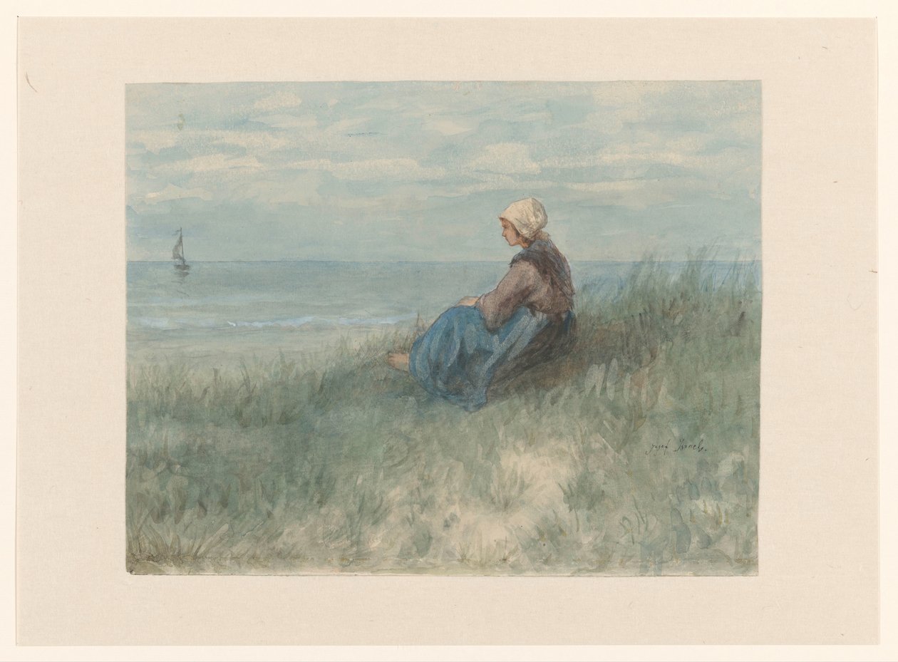 En kvinne sitter på en sanddyne og ser utover havet av Jozef Israëls