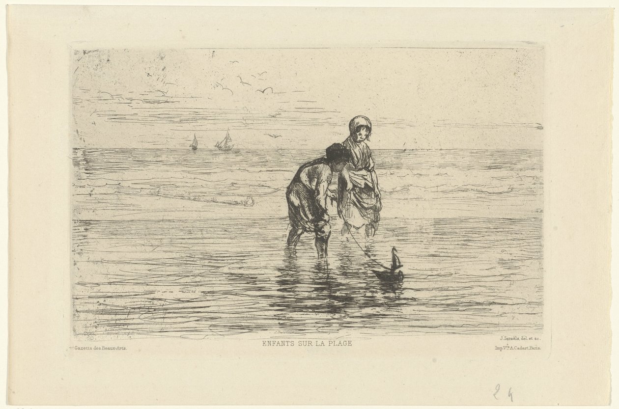 Barn leker med en båt på stranden Enfants sur la plage (tittel på objekt) av Jozef Israëls