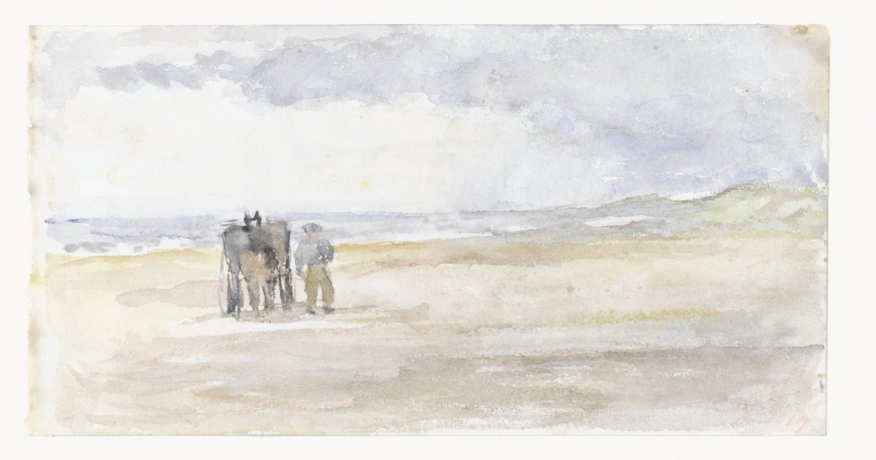 Mann med hest og vogn på stranden av Jozef Israëls