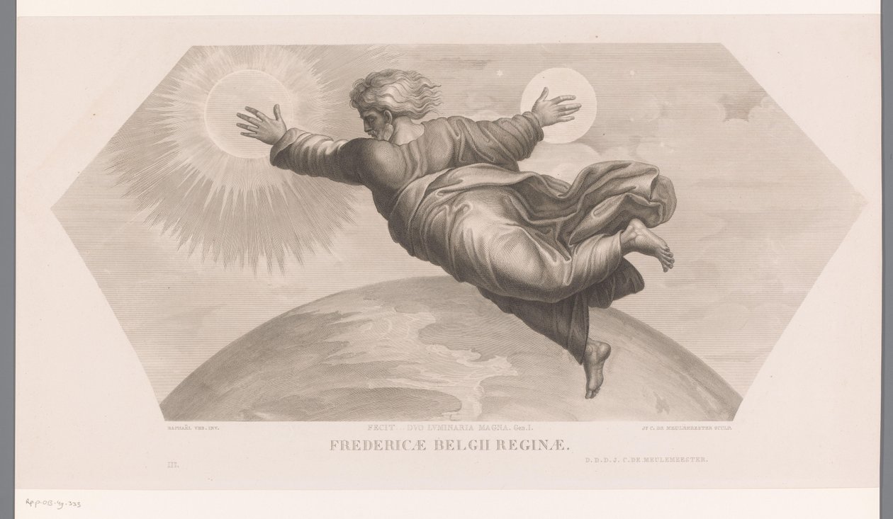 Gud skaper solen og månen Fecit duo luminaria magna. genet. I. Fredericae Belgii reginae (tittel på objekt) Les loges de Raphaël (...) sujets de la bible (serietittel) Bibelske scener fra Raphael
