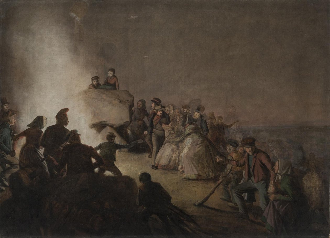 St. Hansaaften. Bønder, som har tent bål på en diger haug, danser rundt bålet av Jørgen V. Sonne