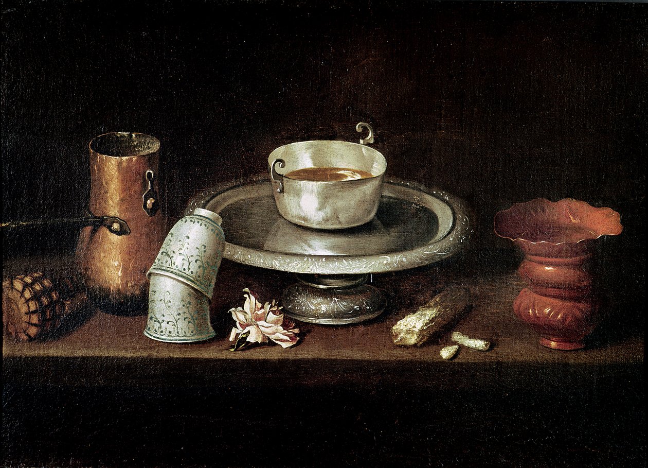 Stilleben med en skål sjokolade, eller frokost med sjokolade, ca. 1640 av Juan de Zurbaran