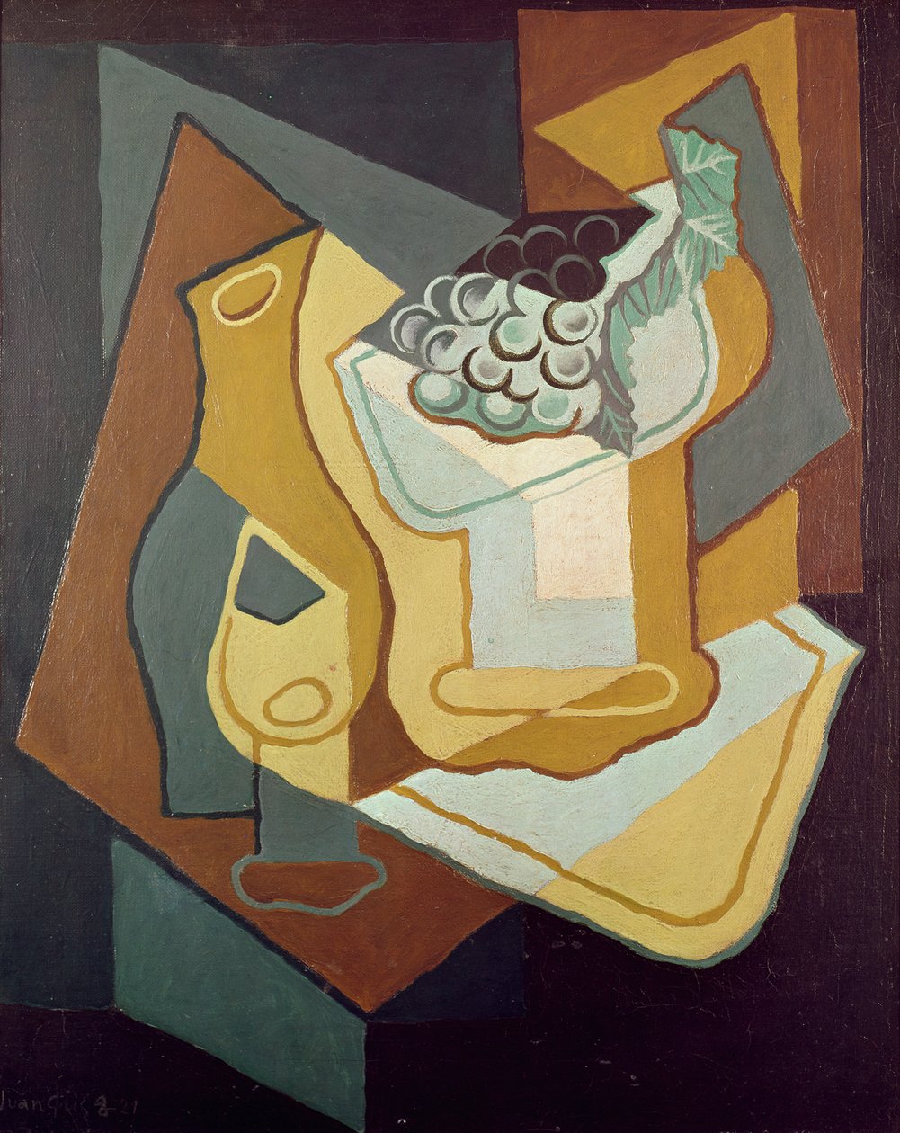 Flaske, glass og fruktfat, 1921 av Juan Gris