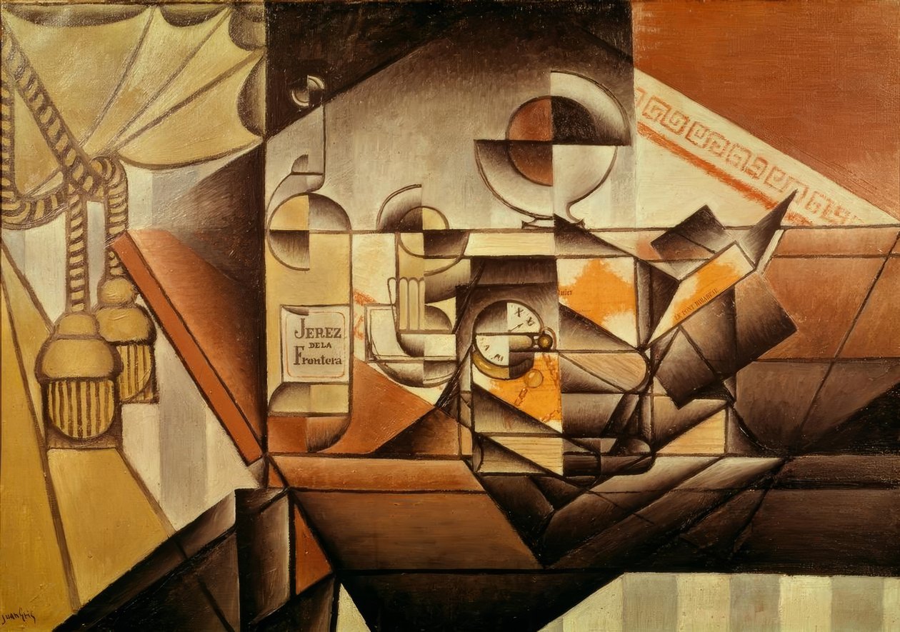 Komposisjon med klokke. (Klokke og flaske Jerez) av Juan Gris