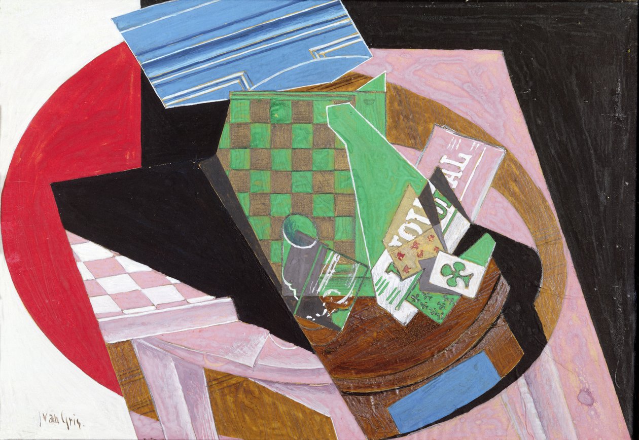 Tegnebrett og spillekort (gouache og blyant på papir montert på papp) av Juan Gris