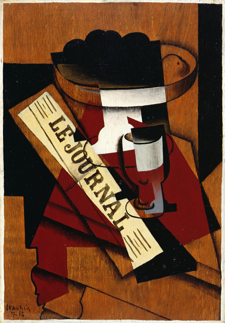 Fruktfat, glass og avis, 1916 av Juan Gris