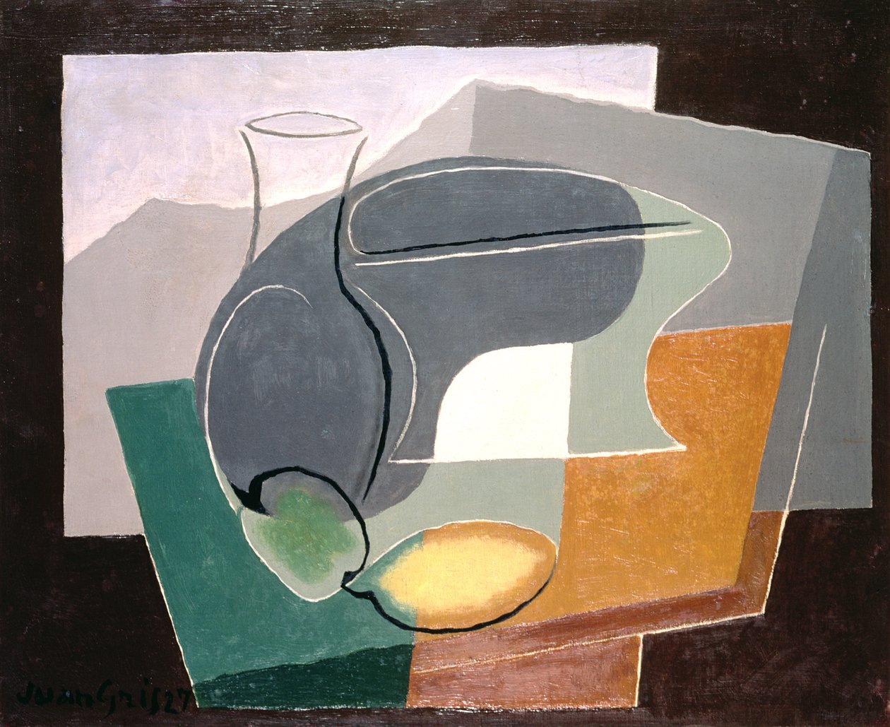 Fruktfat og karaffel, 1927 av Juan Gris
