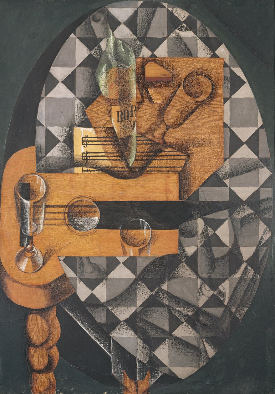 Gitar, flaske og glass, 1914 (limte papirer, gouache og fargestift på lerret) av Juan Gris