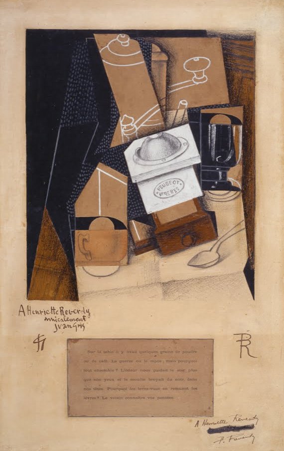 Kaffekvern, kopp og glass på et bord av Juan Gris