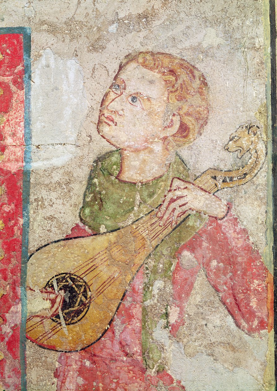 De kvinnelige hellige ved graven og oppstandelsen, detalj av Mandore-spilleren, 1330 av Juan Oliver