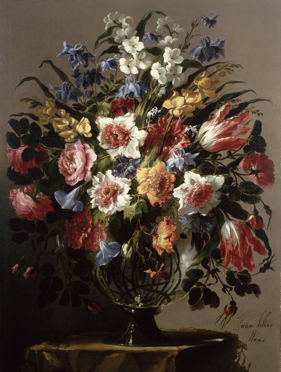 Stilleben av blomster i en glassvase av Juan de Arellano