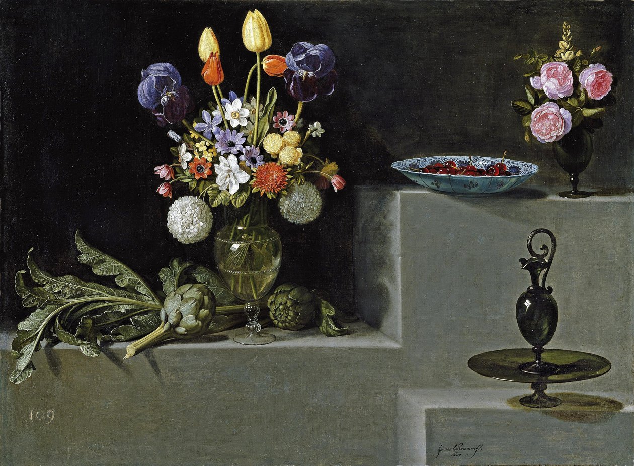 Stilleben med blomster, artisjokker, kirsebær og glassvarer Español av Juan van der Hamen