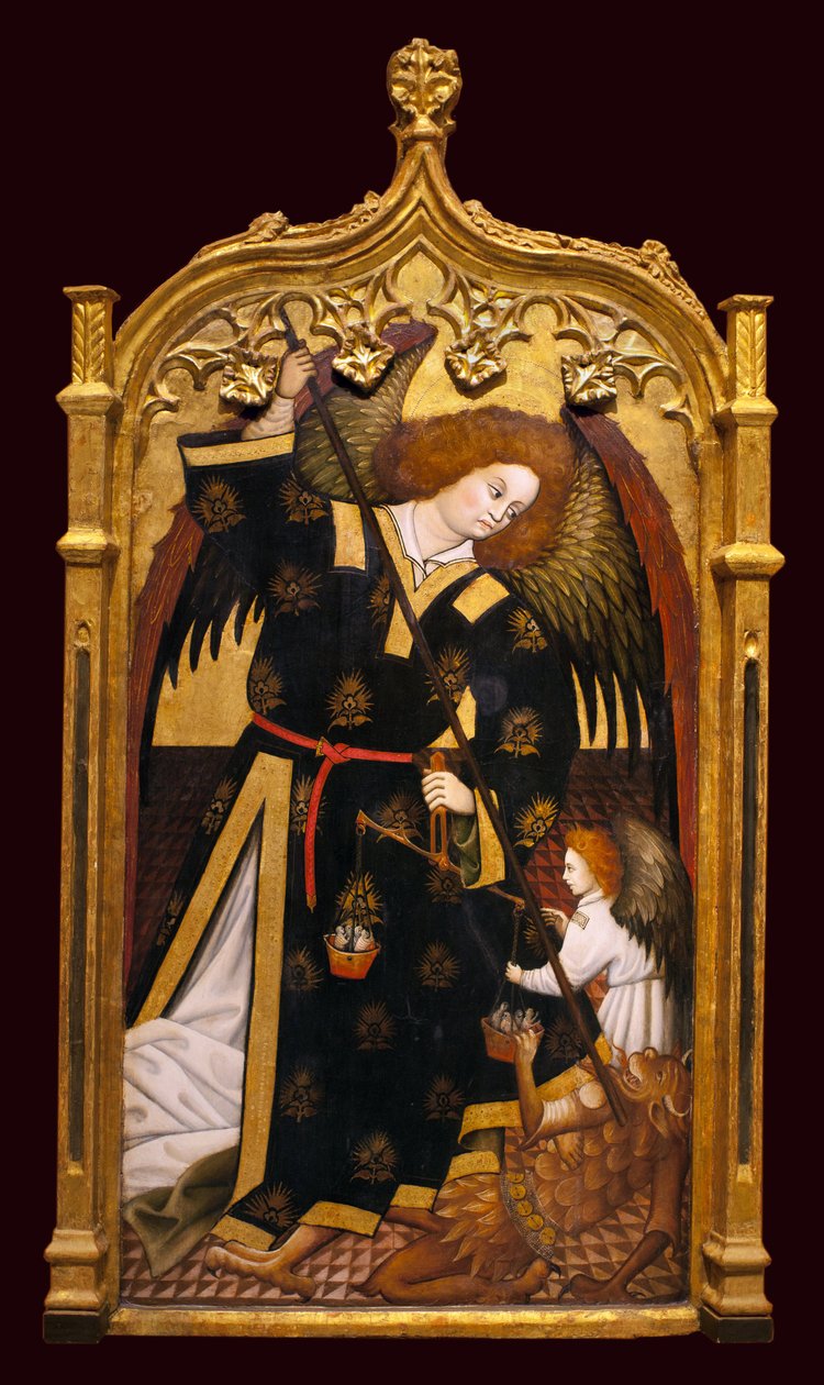 Erkeengelen Saint Michael. Maleri tilskrevet Juan Hispalense (1400-tallet), olje og gull på tre, ca 1480. Museum of Fine Arts i Sevilla, Spania. av Juan (attributed to) Hispalense