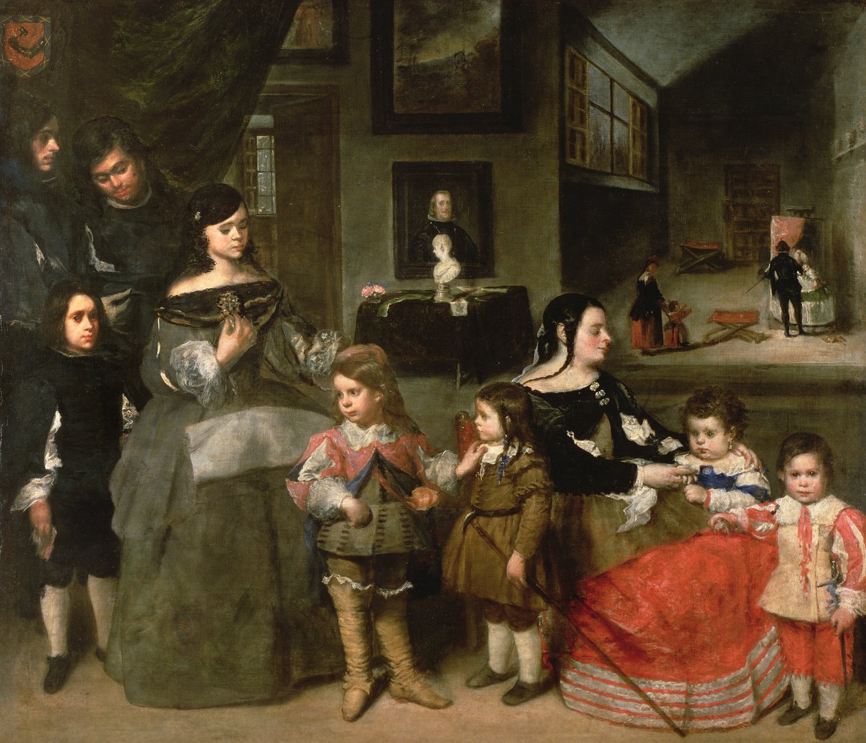 The Artists Family, til venstre de fire barna fra kunstnerens første ekteskap med datteren til Diego Velasquez, Gaspar, Melchior, Baltasar og Maria Teresa; til høyre hans andre kone Francisc av Juan Bautista Martinez Del Mazo