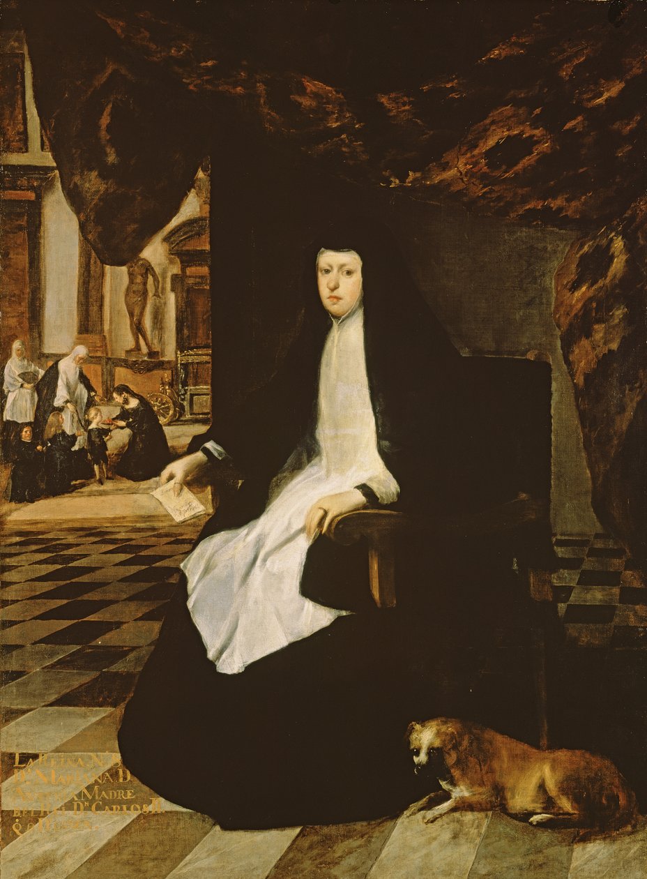 Portrett av dronning Mariana av Spania (f.1631) i sorg av Juan Bautista Martinez Del Mazo