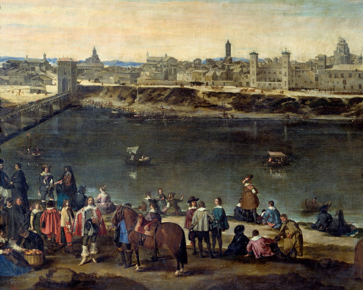 Utsikt over byen Zaragoza (Zaragoza) i 1646 Detalj som representerer herrer og handelsmenn langs elven. Maleri av Juan Bautista del Mazo (1612-1667) 1646 Madrid, Prado-museet av Juan Bautista Martinez Del Mazo