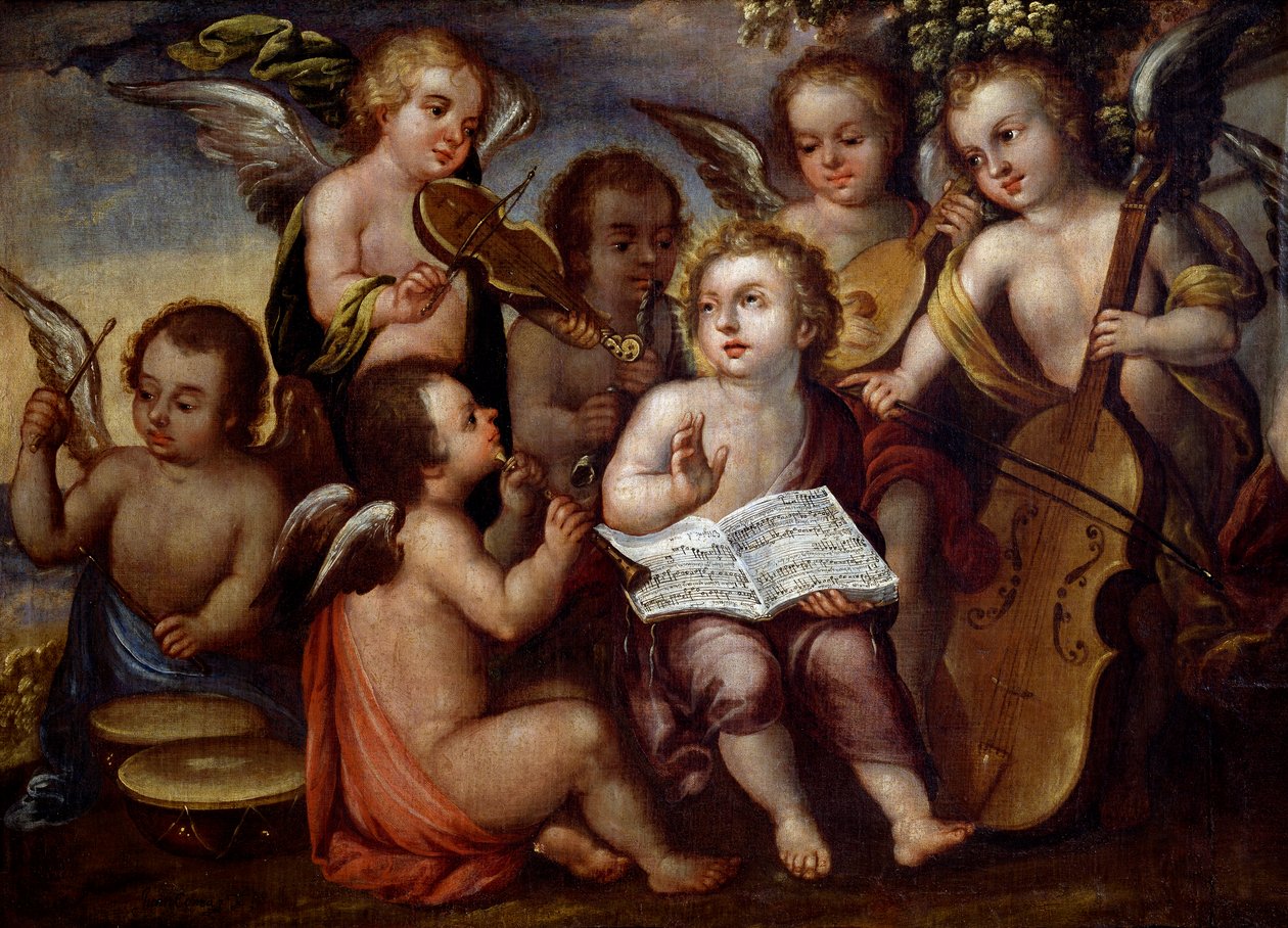 Baby Jesus med engler som spiller musikkinstrumenter av Juan Correa