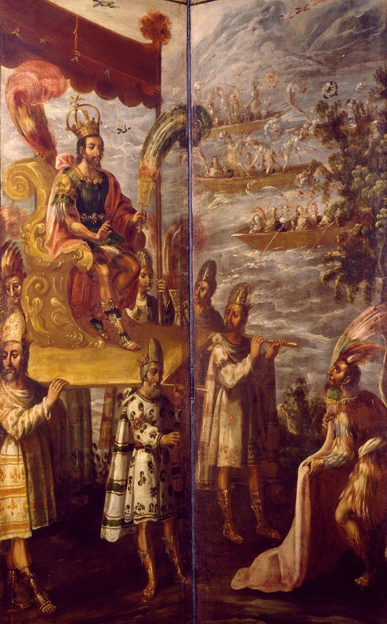 Montezuma, detalj fra møtet mellom Cortes og Montezuma, skjerm tilskrevet Juan Correa (1645-1716), olje på lerret, 250x600 cm av Juan Correa