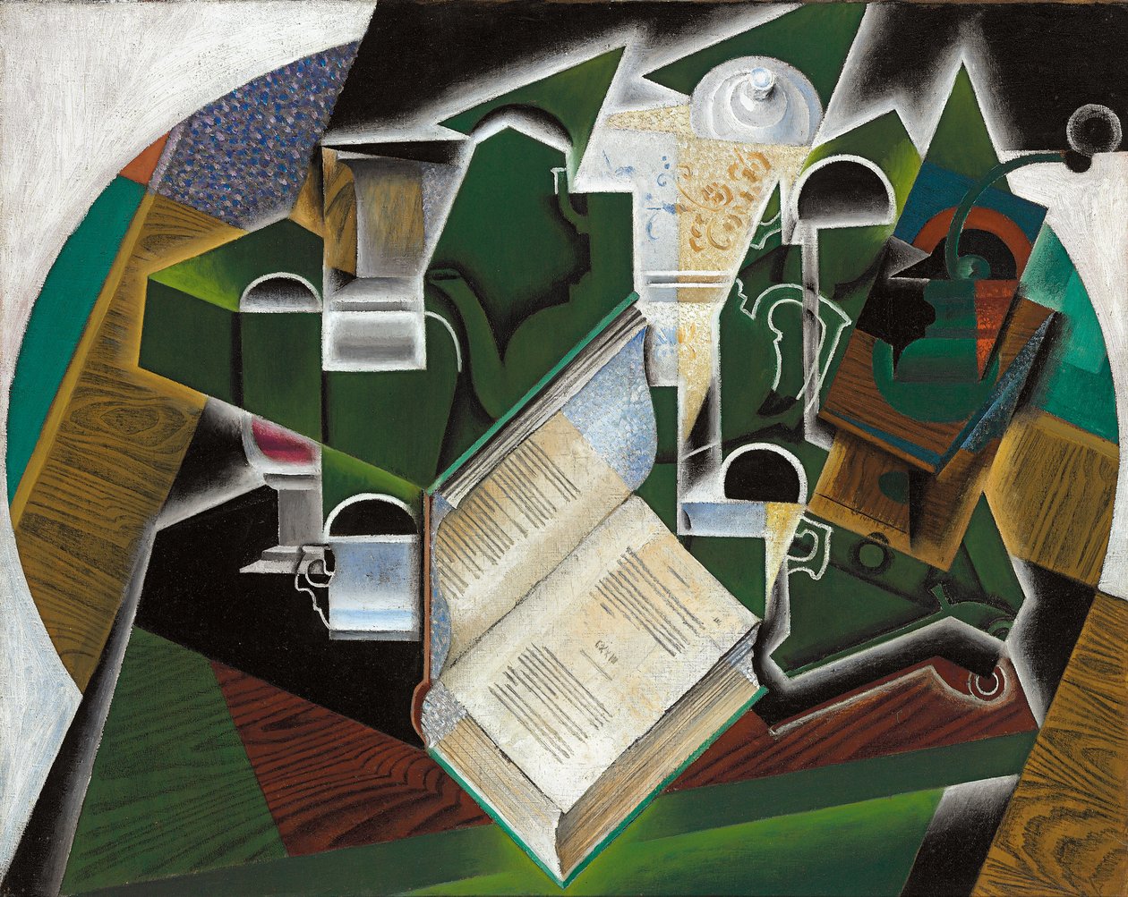 Bok, pipe og briller; Bok, pipe og glass, 1915 av Juan Gris