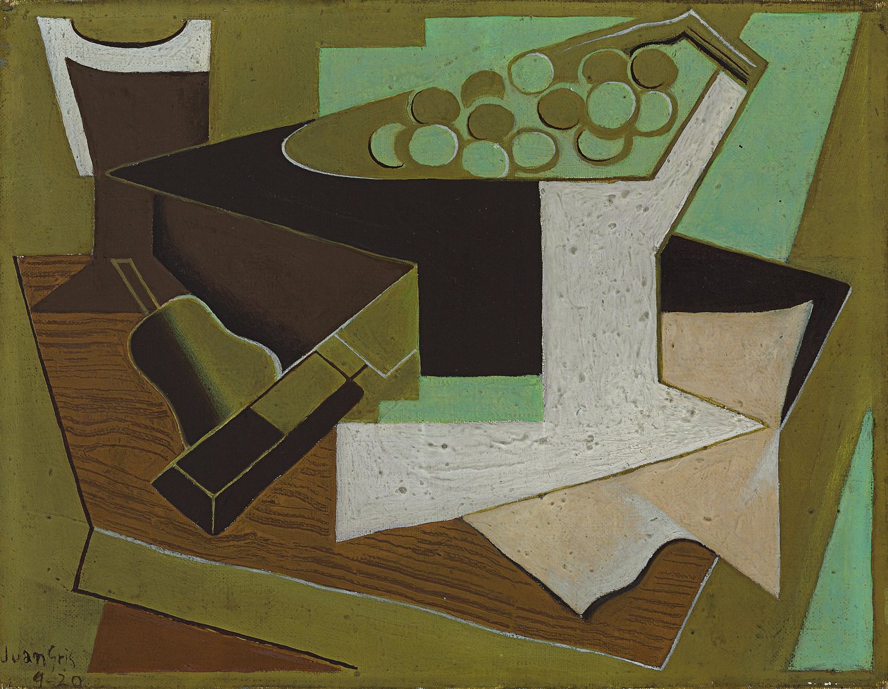 En haug med druer og en pære; Klase med druer og pære, 1920 av Juan Gris
