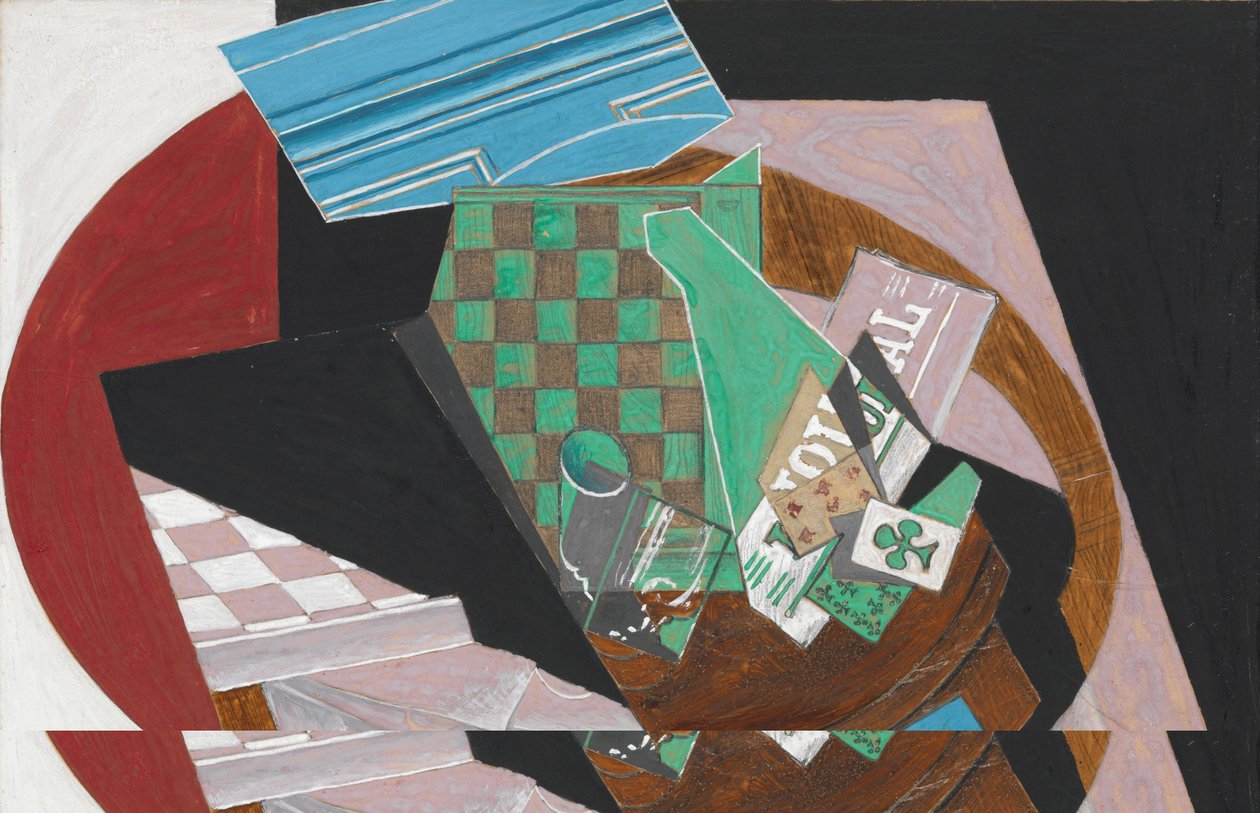 Sjakkbrett og spillekort, 1915 (gouache, grafitt og harpiks på kremfarget vevd papir, montert på papp) av Juan Gris