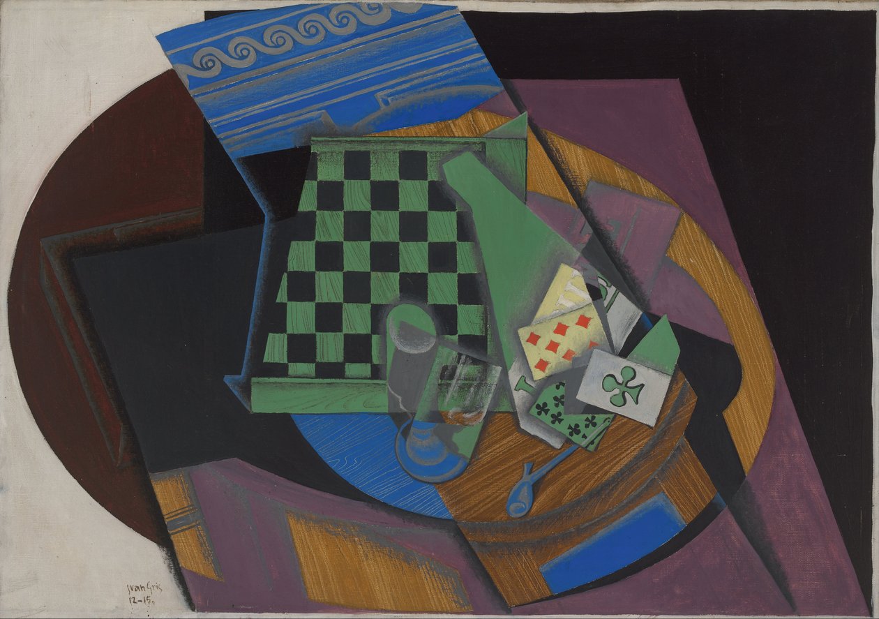 Sjakkbrett og spillekort, 1915 av Juan Gris