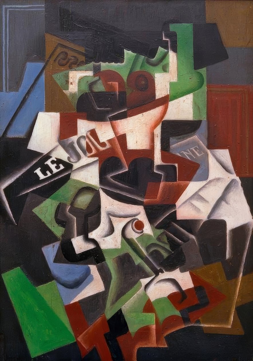 Fruktskål, pipe og avispapir av Juan Gris