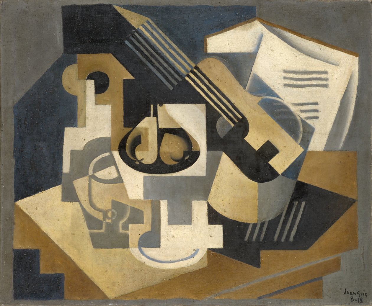 Gitar og fruktskål på et bord av Juan Gris