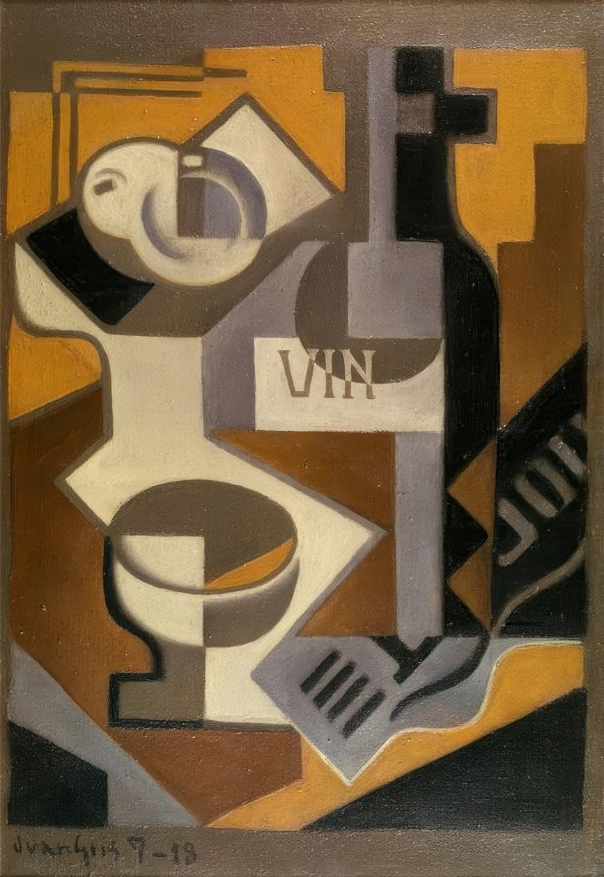 Stilleben med en flaske vin av Juan Gris