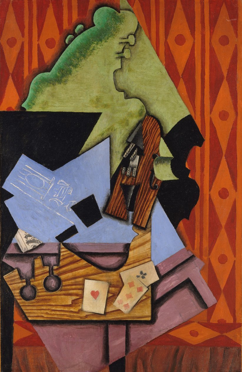 Fiolin og spillekort på et bord, 1913 av Juan Gris