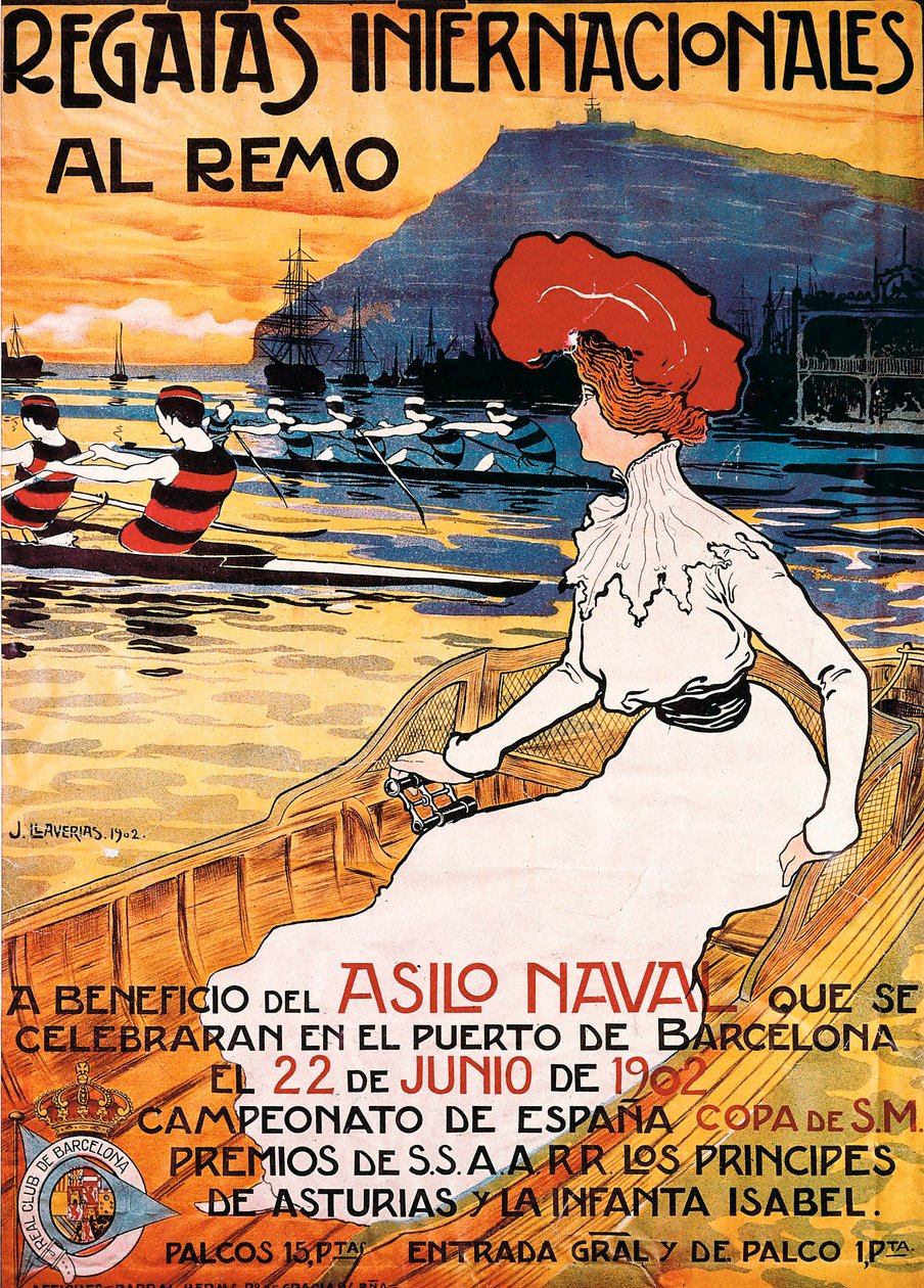 Plakat for et sportsarrangement ""International Rowing Regatta"", illustrasjon av Joan Llaverias i Labro (1865-1938). 22.06.1902. DR av Juan Llaverias Llabro