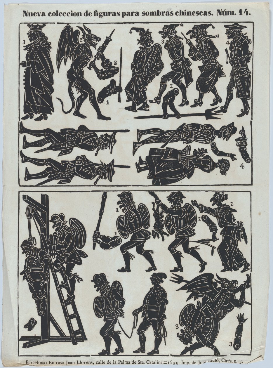Ark 14 med figurer for kinesiske skyggedukker, 1859. av Juan Llorens